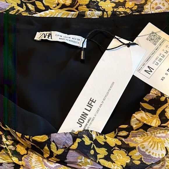 Zara one Shoulder Ruched Sides Metallic & Floral Chiffon Mini Cocktail Dress - Picture 8 of 9